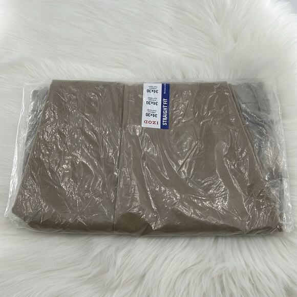 Izod Performance Stretch Non-Iron Straight Fit Flat Front Pants - Khaki - 34x30 - Picture 4 of 4